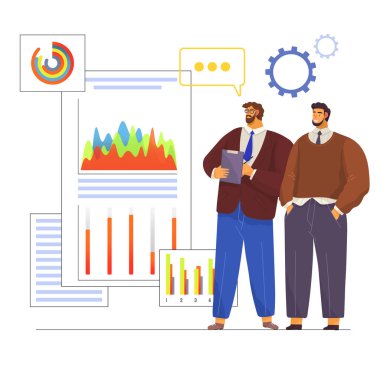 Diyagramla çalışan analistler. İnsanlar istatistik, iş planlaması, strateji ve geliştirmeyle çalışır. Veri analiz grafikleri ve grafikleriyle sunum kurulu. Teknolojiyi kullanarak istatistiksel analiz