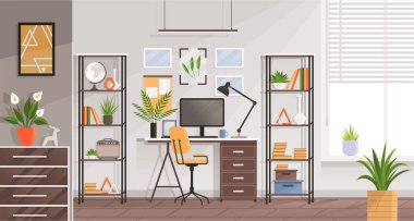 Modern home office interior. Remote workplace with desk, chair, computer and potted plants. Front view of empty working place with furniture. Interior for freelancer. Work table with wheelchair