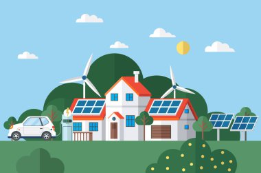 Ev çatısı güneş sistemindeki güneş paneli. Güneş panelleri poli kristal kare hücrelerden toplayıcı. Güneş paneli ve yüksek voltajlı ev ekolojisi yeşili. Mavi silikon fotovoltaik güneş paneli