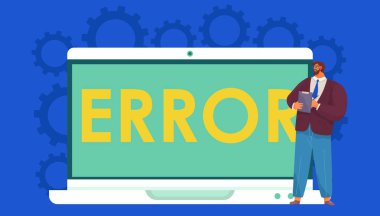 Uyarı hatası konsepti, iş adamı bilgisayarda bir internet arızası ekranına bakıyor, sayfa kullanılabilir değil. Dizüstü bilgisayarda uyarı işareti var. Teknik destek kavramı, web sitesi bakım hizmetleri, güvenlik