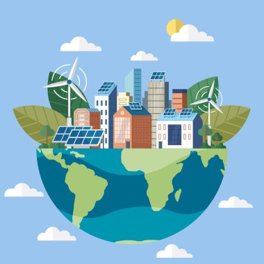 Ev çatısı güneş sistemindeki güneş paneli. Güneş panelleri ve rüzgar türbinleri veya alternatif enerji kaynakları. Çevre dostu, sürdürülebilir, yenilenebilir ve alternatif enerji. Akıllı ızgara sanal pil enerjisi
