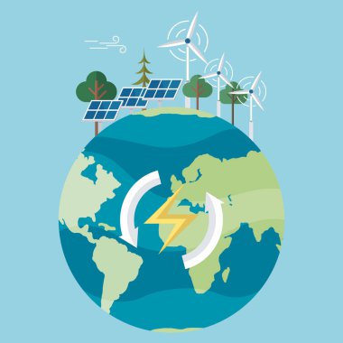 Çevre dostu, sürdürülebilir, yenilenebilir ve alternatif enerji. Parlayan düşük polimerli yenilenebilir alternatif enerji konsepti. Rüzgar türbinleri. Dünya gezegenindeki yeşil dünya enerjisi. Güneş hücresi sistemi