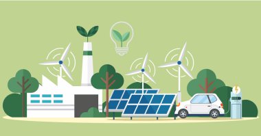 Güneş paneli ve güneşli piller. Elektrikli araba, yenilenebilir akıllı güç şebekesi dışında şarj oluyor. Güneş panelleri ve rüzgar türbinleri veya alternatif enerji kaynakları. Vektör simgeleri rüzgar türbinleri