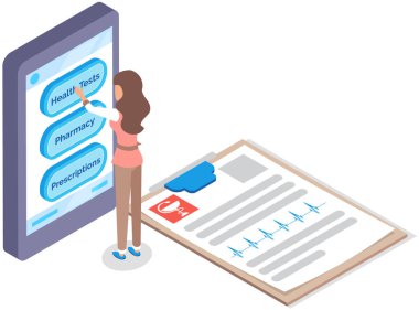 Doktor ve teşhisi için mobil uygulama. Çevrimiçi tıbbi tedavi, teşhis, eczane reçetesi. Kadın sağlık analizi için program kullanıyor, tıbbi uygulama arayüzüne bakıyor