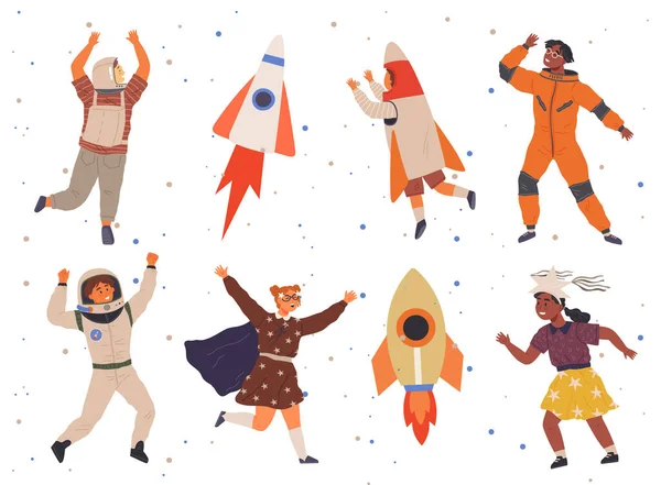 Set Happy People Different Costumes Space Party Characters Dressed Astronauts — Image vectorielle