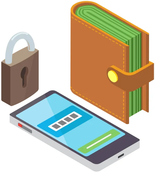 Telefon Komórkowy Portfel Kłódka Ochrona Danych Dostęp Oprogramowania Jako Poufny — Wektor stockowy