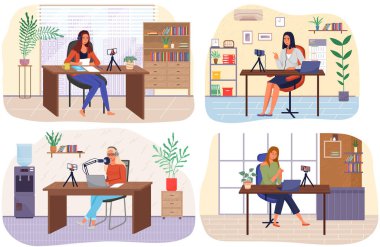 Ofis odasındaki Podcaster kadın karakteri. Canlı yayında ses yayını dinleyen ve konuşan kız video bloğunda akıllı telefon ve dizüstü bilgisayar kullanıyor. Podcaster yapımı, blog yazarı, teknoloji konsepti