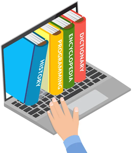 Online Läsning Digitala Bibliotekskoncept Människans Hand Väljer Böcker Internetbokhandeln Laptop — Stock vektor