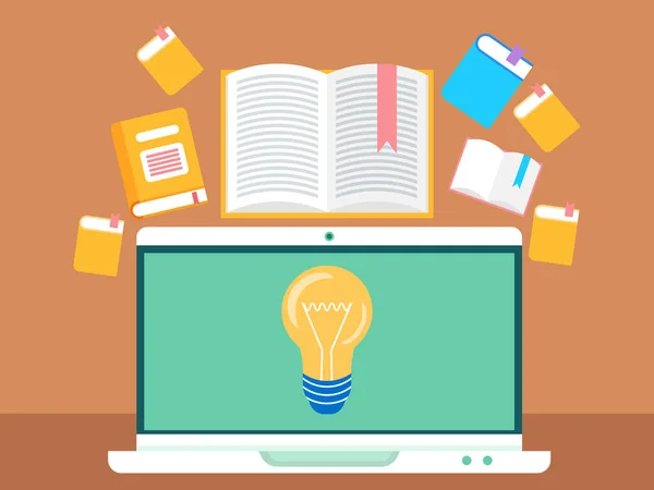 オンライン学習の概念 開いている本や文学 自己学習とコンピュータ 電球や電子図書館を照明して画面を監視 教育を受ける ビジネスを成長させるためのサービス — ストックベクタ