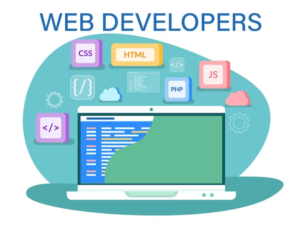 Desenvolvedor Site Software Com Computador Serviço Programador Linguagem Programação Uso — Vetor de Stock