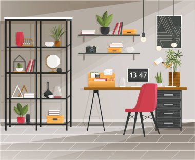 Modern ofis çalışma masası, sandalye, bilgisayar, masaüstü, bitki, lamba, monitör tasarımı, dekoratif elementlerle raflar. Ortak çalışma alanı iç mekan. Çalışanların işyeri, açık ofis. Çalışma masası