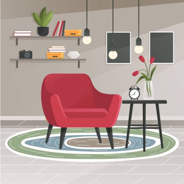 Oturma odasının içinde koltuk, duvar rafları, saksılarda bitkiler. Modern konforlu ve şık bir daire, ofis dekorasyonu için mobilyalar ve ev bitkileri. Dekoratif rafları ve duvarları olan bir salon.