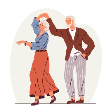 Yaşlı çift dansı. Vektör çizimi. Dans eden yaşlı bir çift. Yaşlı insanlar romantik aşk ilişkileri. Büyükbaba büyükannesi evlilik yıldönümünü kutluyor. Mutlu yaşlı kadın kucaklıyor