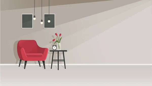现代舒适时尚的公寓家具和装饰项目的办公室装饰 客厅里有扶手椅 花瓶里有郁金香 咖啡桌上有警报 灰色墙上有图画 — 图库矢量图片