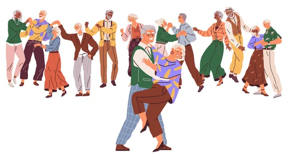 老年人跳舞 矢量图解 有趣的老夫妇跳舞 老年人浪漫的爱情关系 爷爷奶奶在庆祝结婚周年纪念日 快乐的老女人拥抱 — 图库矢量图片