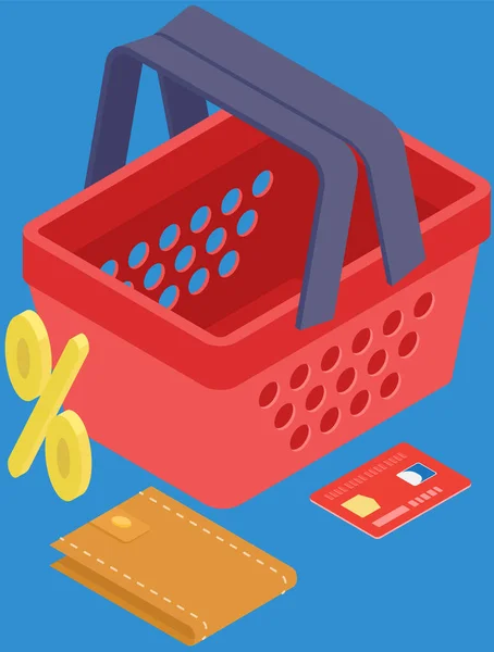 红色超市篮子塑料银行卡和钱包 现代技术在线购物 电子商务 网上购物和汇款 网上非接触式购物付款及派递 — 图库矢量图片