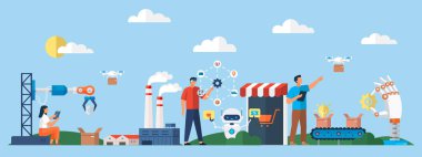 Otomasyon işi. Vektör çizimi. Yeni teknoloji sektörü arka planı İnsan kaynakları otomasyonu RPA robotik süreç otomasyon yenilik teknolojisi kavramı Özerk, yenilik, gelişme