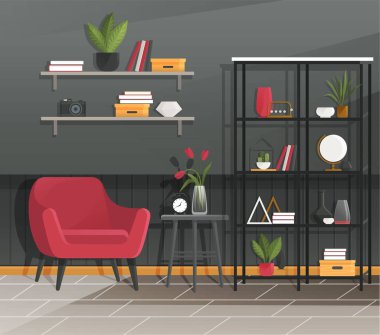 İçişleri Bakanlığı. Vektör çizimi. Ofis çalışanı işyeri Serbest çalışmak evde çalışmak, ev işlerinde çalışmak, iş yerinde çalışmak ya da uzaktan evde çalışmak, serbest çalışmak, serbest çalışmak