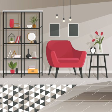 Oturma odasının içinde koltuk, askılık, saksıda bitkiler, sehpa ve vazo var. Ofis dekorasyonu için modern dekorasyon, rahat ve şık apartman mobilyası. Dekoratif raflı bir salon.