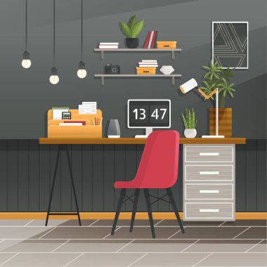 İçişleri Bakanlığı. Vektör çizimi. Ev eşyaları ve ofis mobilyaları ve ekipmanları ayrıntılı yan görünüm kitaplığı, masası, saati, kutusu, koltuğu, modern çalışma yeri olan ofis odası.