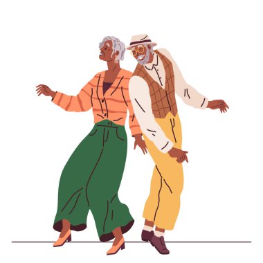 Yaşlı çift dansı. Vektör çizimi. Mutlu büyükanne ve büyükbaba çiftler kucaklaşıp dans ediyorlar. Büyükbabam dans ediyor, büyükanne. Partide dans eden yaşlı çift..