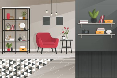 İçişleri Bakanlığı. Vektör çizimi. Serbest çalışanlar için iç mekan mobilya çalışma odası mobilya serbest ya da konsept konsept konsept Telework, ücretsiz mızrak işçileri, evde klasik ev işleri