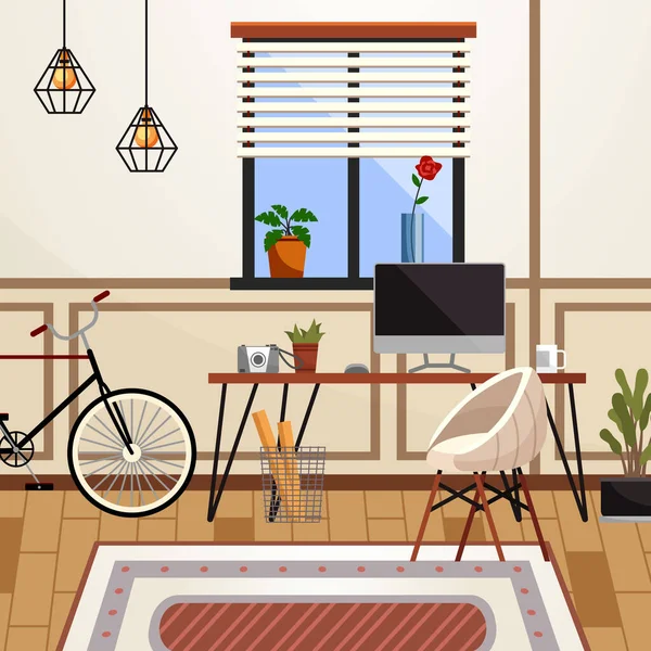 Home Office Interior Vector Illustration Freelancer Working Home Place Convenient — Stock Vector
