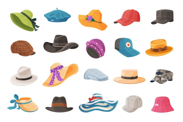 夏の帽子セット カートゥーン ヘッジ 帽子ファッションの服 男性と女性のヘッドウェア ビーチヘッドアクセサリーと夏の伝統的なヘッドドレス 夏の女性のわら帽子 帽子は女性の頭部 ベクターのイラストを身に着けます — ストックベクタ