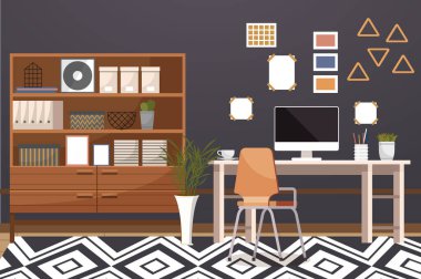 Home office. Interior vector illustration. Work from home. The room serves as a versatile workspace for various tasks Workspace is carefully designed to enhance efficiency and creativity Furniture in