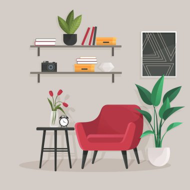 Home office interior. Vector illustration. Modern workplace cabinet room Office workplace scene Office workplace interior design banner Home office concept Empty working place with furniture