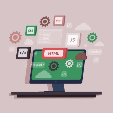 Concept of computer programming or developing software or game. Monitor with coding symbols and windows. Concept of Information technologies and computer engineering. Online and offline coding courses