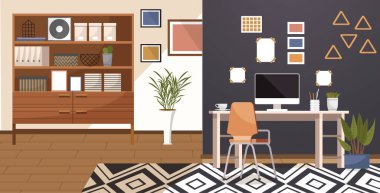 Home office. Interior vector illustration. Work from home. Coming home after long day at office Work and home life Furniture in office carefully chosen for functionality and style Working from home