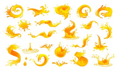 Orange juice splash, mango splashes. Orange soda spill, dripping water. Vector illustration set. Fresh pineapple juice logo. Papaya splash river. Realistic orange splashes spray on white background