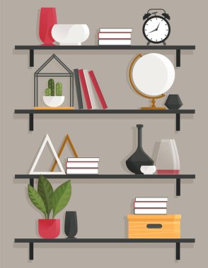 Book shelves with decor items. Cartoon design style bookshelves with plant, boxes, vase and books. Home library on wall. Hanging shelf with decorations. Office or home furniture indoor design