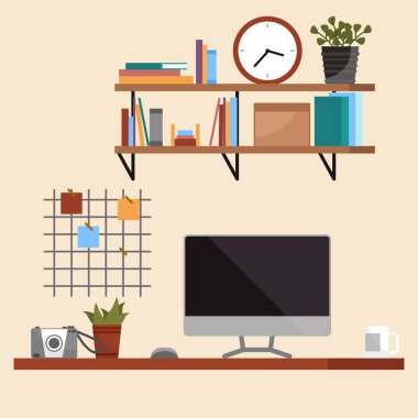 Home office interior. Vector illustration. Freelance and convenient job concept Business workspace in room interior Work from home, distant work, freelance, work online Designer architect workplace