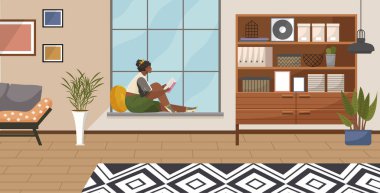 Home office. Interior vector illustration. Work from home. Flat has a minimalist interior design Organized desk to create productive workspace Room had a cozy ambiance with warm lighting