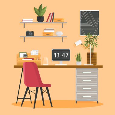 İçişleri Bakanlığı. Vektör çizimi. Oturma odası modern iç mekan, ev ya da ofis mobilya, iş yeri iş yeri ofis mecazı ofis mobilya iç konsept