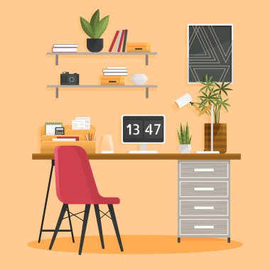 Home office interior. Vector illustration. Living room modern interior, home or office, lounge with furniture Business workplace Home office metaphor Office workstation furniture interior concept clipart
