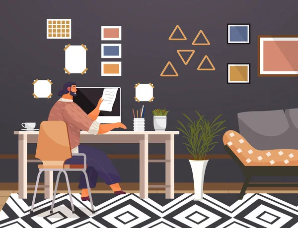 Home Office Interior Vector Illustration Work Home Enjoys Working Collaborative — стоковий вектор