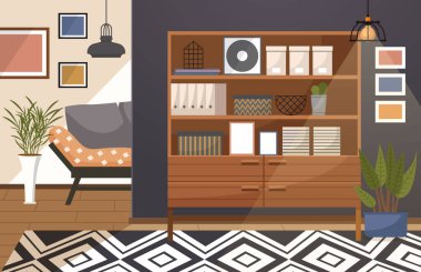 Merkez ofis. İç vektör çizimi. Evden çalışıyorum. Ofis alanı yaratıcılığı ve yeniliği geliştirmek için tasarlandı. Hoş geldin ve ilham verici atmosfer odası işlevsel ve rahat çalışma alanı