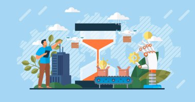 Otomasyon işi. Vektör çizimi. Makine mühendisliği sembolü iş süreci otomasyonu, iş süreci iş akışı, otomatik tasarruf zaman sistemi kavramı SEO teknolojisi