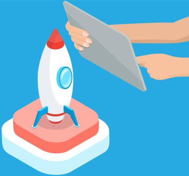 Roket fırlatma, başlangıç renk simgesi, bilgisayar kontrollü uzay gemisi. Proje başlatma ve geliştirme süreci. Yenilik ürünü, yaratıcı fikir. Program yönetimi, modern teknolojiler