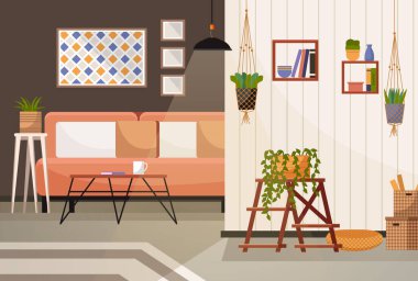 Merkez ofis. İç vektör çizimi. Evden çalışıyorum. Oturma odasında çalışma alanı Modern ve çağdaş tasarımlar Ofisi müşteriler için karşılama alanı İç mimar anonim şirketi