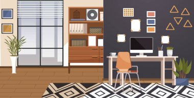 Merkez ofis. İç vektör çizimi. Evden çalışıyorum. Çalışma alanındaki mobilyalar ergonomik olarak tasarlanmıştır. İç dizayn görsel olarak çekici ve ilham verici bir atmosfer yaratır.