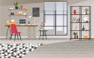 İçişleri Bakanlığı. Vektör çizimi. Evde çalışmak, ortak çalışma alanı ev ofis yaratıcı ofis çalışma alanı boş işyeri, masa başı bilgisayar çalışma alanı yok.