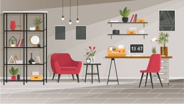 Home office interior. Vector illustration. Modern workplace cabinet room Office workplace scene Office workplace interior design banner Home office concept Empty working place with furniture