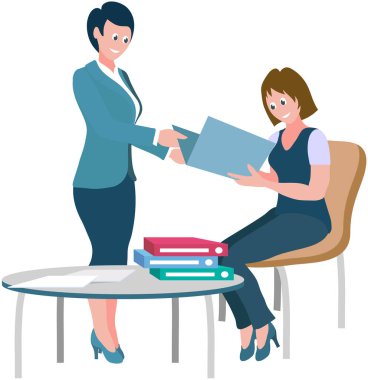 Ofis çalışanları. Vektör çizimi. Büro çalışanları ortak hedeflere ulaşmak için birbirlerini desteklerler. Ofis işi programların yönetilmesi ve kaynakların koordinasyonunu içerir. Bir işçi gurur duyar.