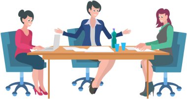 Ofis çalışanları. Vektör çizimi. Takım çalışması verimliliği artırır ve takım buluşmasında yeniliği teşvik eder, fikirler beyin fırtınası yapar ve ortak kararlar alınır ofis çalışanları her birini destekler.