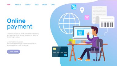 Taşınabilir ödeme ya da dizüstü bilgisayarlı para transferi. E-ticaret pazarı çevrimiçi alışveriş. Web iniş sayfası şablonu. Web sitesinden ya da mobil uygulamadan alışveriş, bilgisayarlı dijital pazarlama
