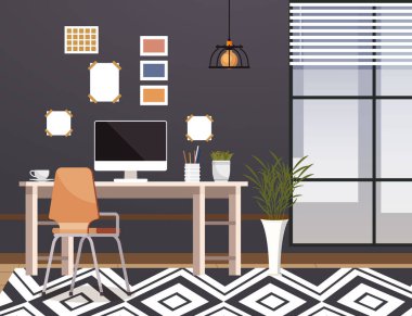 Merkez ofis. İç vektör çizimi. Evden çalışıyorum. Düz iç tasarım estetik ve işlevsellik arasında bir denge sağlar Modern iş yeri sürekli gelişen zevkler içinde çalışır
